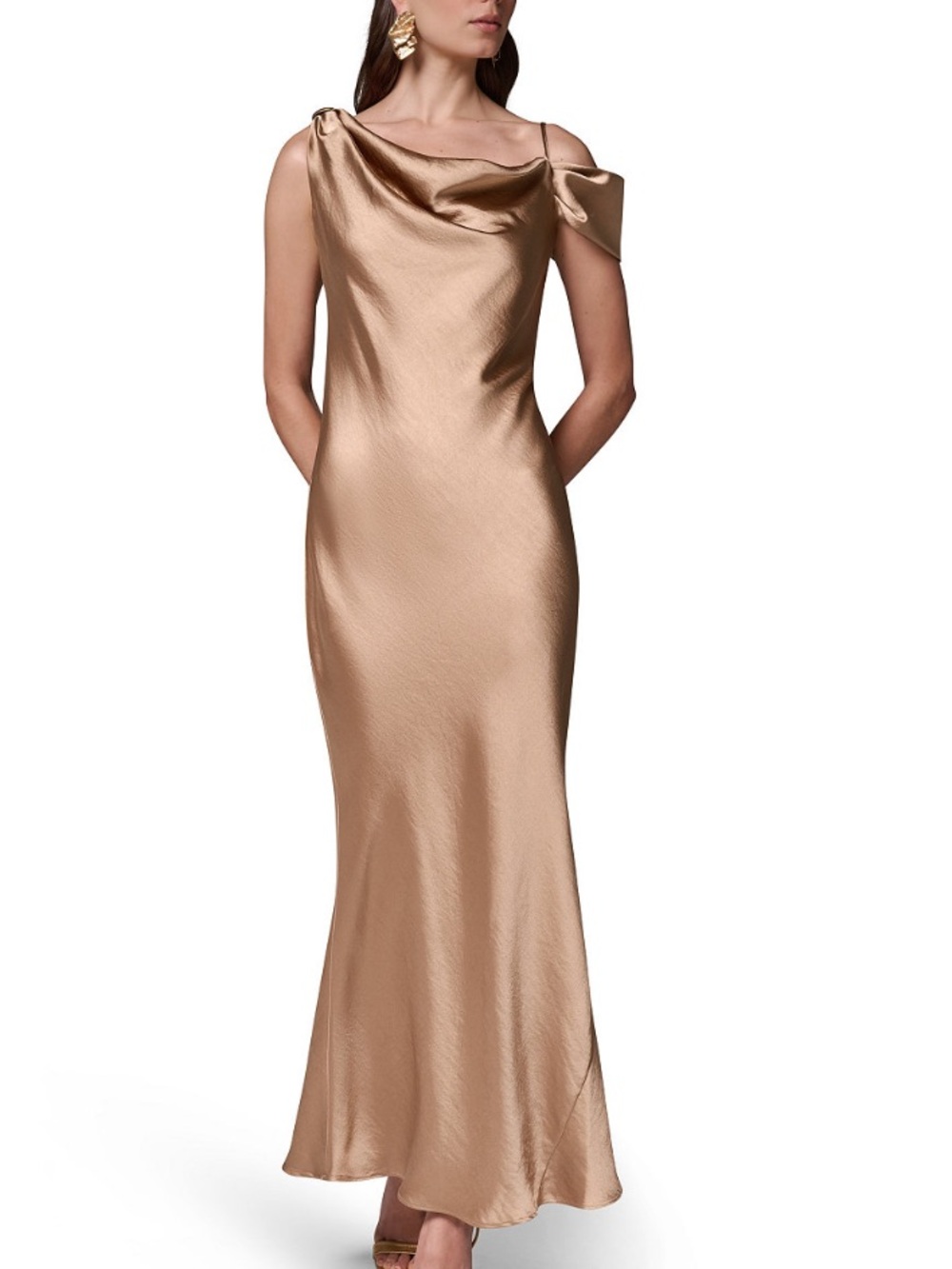 Donna Karen Asymmetrical Satin Cowl Neck Dress